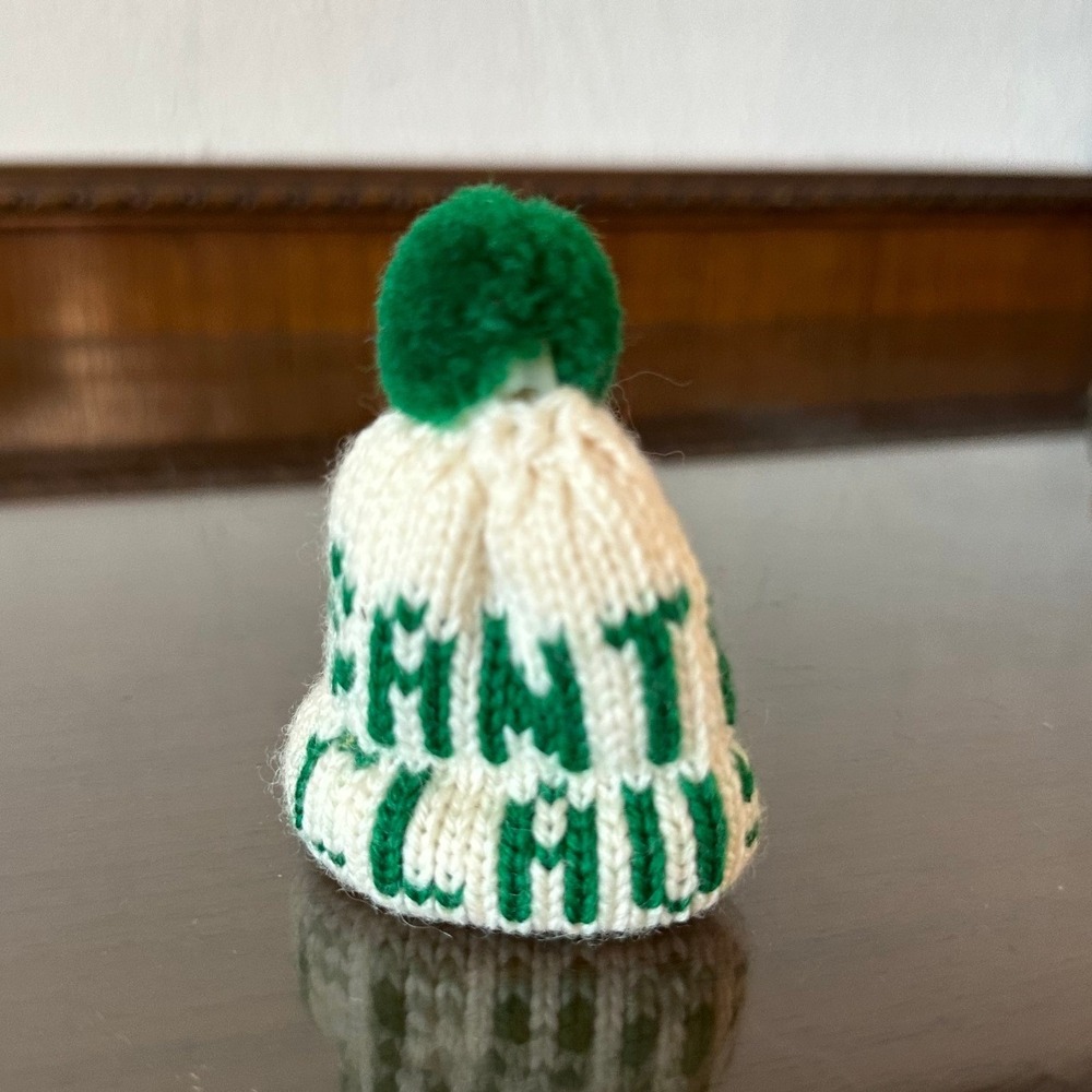 Vintage Stowe Woolens Miniature Knit Beanie Ornament Green Cream Vermont